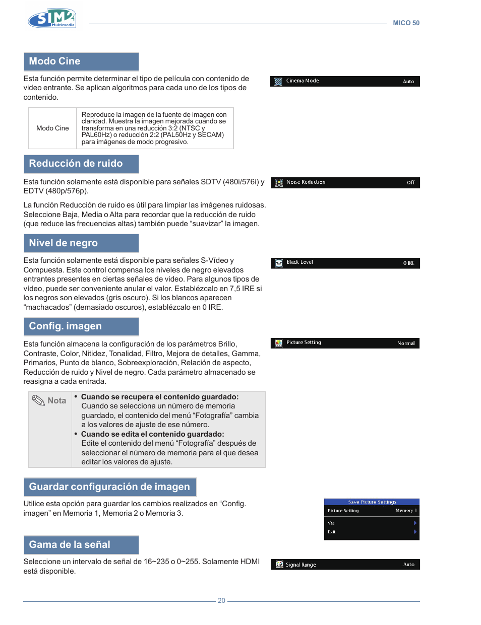 Modo cine, Reducción de ruido, Nivel de negro | Config. imagen, Guardar configuración de imagen, Gama de la señal | Sim2 MICO 50 User Manual | Page 160 / 277