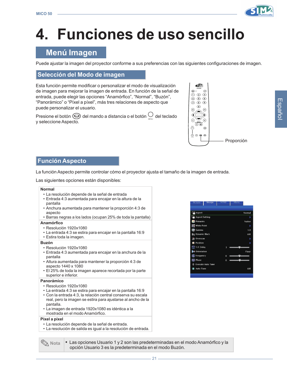 Funciones de uso sencillo, Menú imagen, Funciones de uso sencill | Funciones de uso sencillo 4, Español, Selección del modo de imagen, Función aspecto | Sim2 MICO 50 User Manual | Page 161 / 277