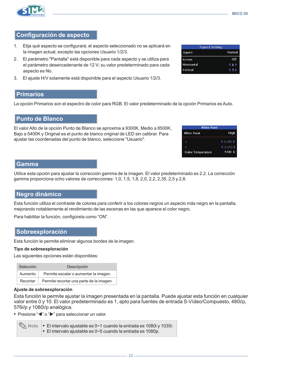 Configuración de aspecto, Primarios, Punto de blanco | Gamma, Negro dinámico, Sobreexploración | Sim2 MICO 50 User Manual | Page 162 / 277