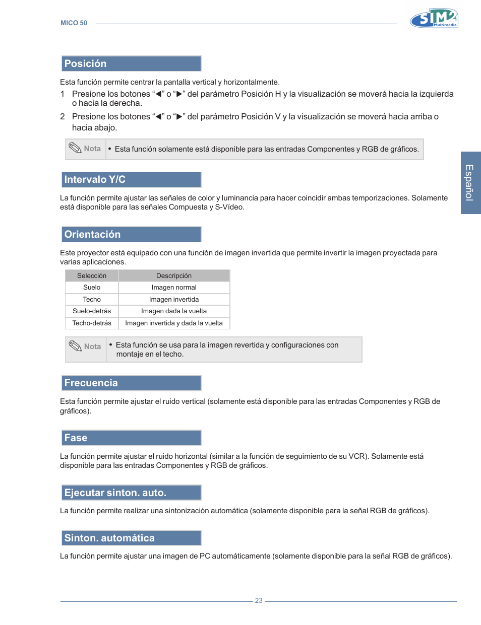Español, Posición, Intervalo y/c | Orientación, Frecuencia, Fase, Ejecutar sinton. auto, Sinton. automática | Sim2 MICO 50 User Manual | Page 163 / 277