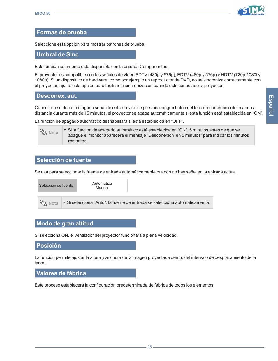 Español, Formas de prueba, Umbral de sinc | Desconex. aut, Selección de fuente, Modo de gran altitud, Posición, Valores de fábrica | Sim2 MICO 50 User Manual | Page 165 / 277