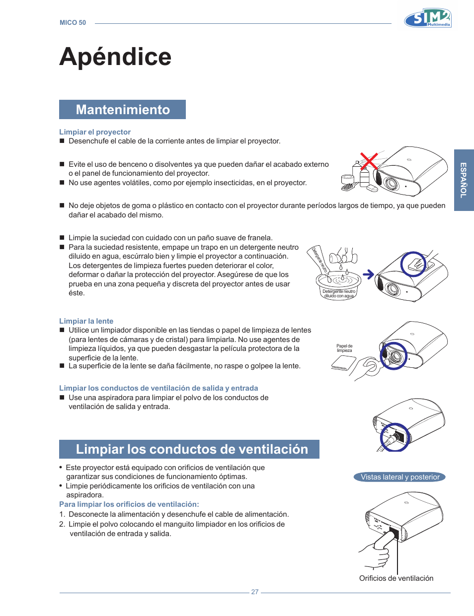Apéndice, Mantenimiento, Limpiar los conductos de ventilación | Apéndic | Sim2 MICO 50 User Manual | Page 167 / 277