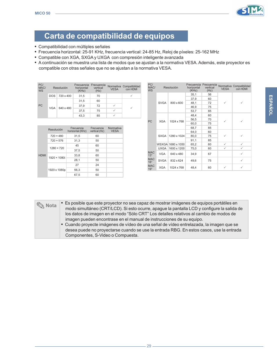 Carta de compatibilidad de equipos, Nota, Esp añol | Compatibilidad con múltiples señales | Sim2 MICO 50 User Manual | Page 169 / 277