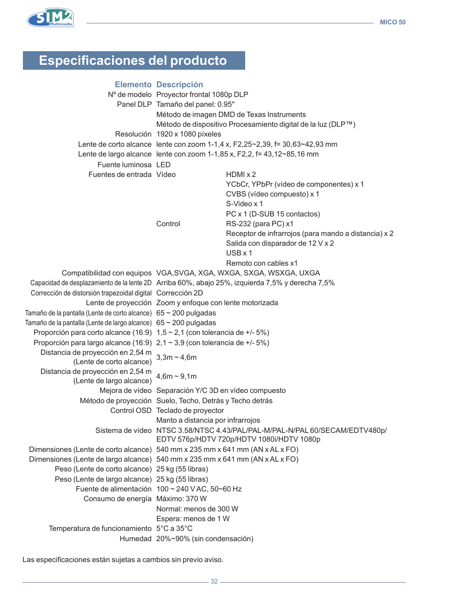 Especificaciones del producto | Sim2 MICO 50 User Manual | Page 172 / 277