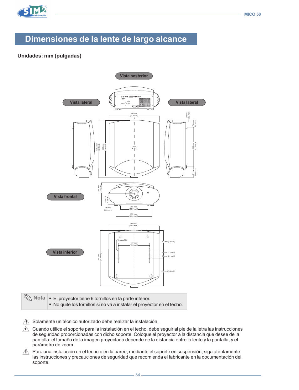 Dimensiones de la lente de largo alcance, Unidades: mm (pulgadas), Nota | Mico 50 34 | Sim2 MICO 50 User Manual | Page 174 / 277