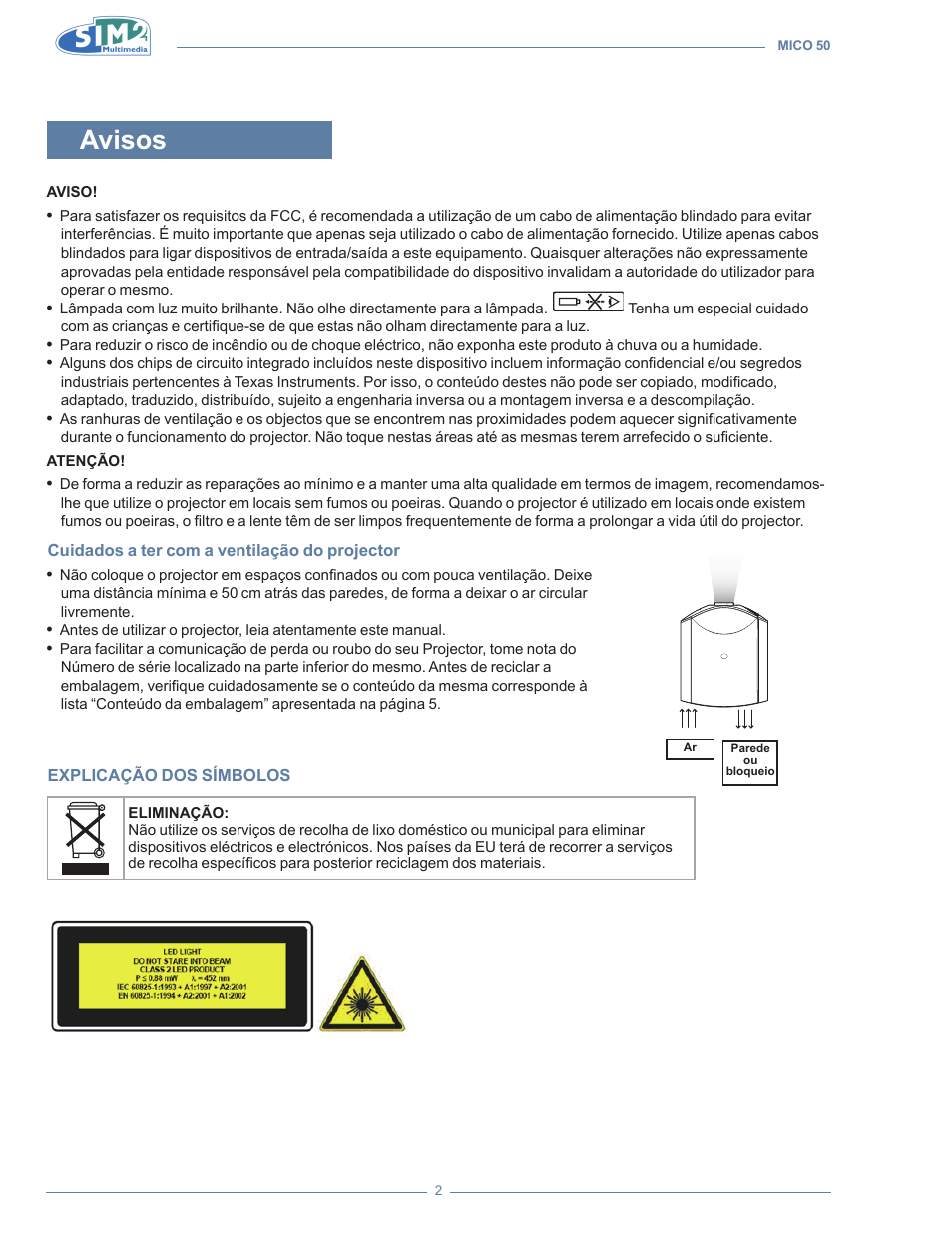 Avisos | Sim2 MICO 50 User Manual | Page 176 / 277