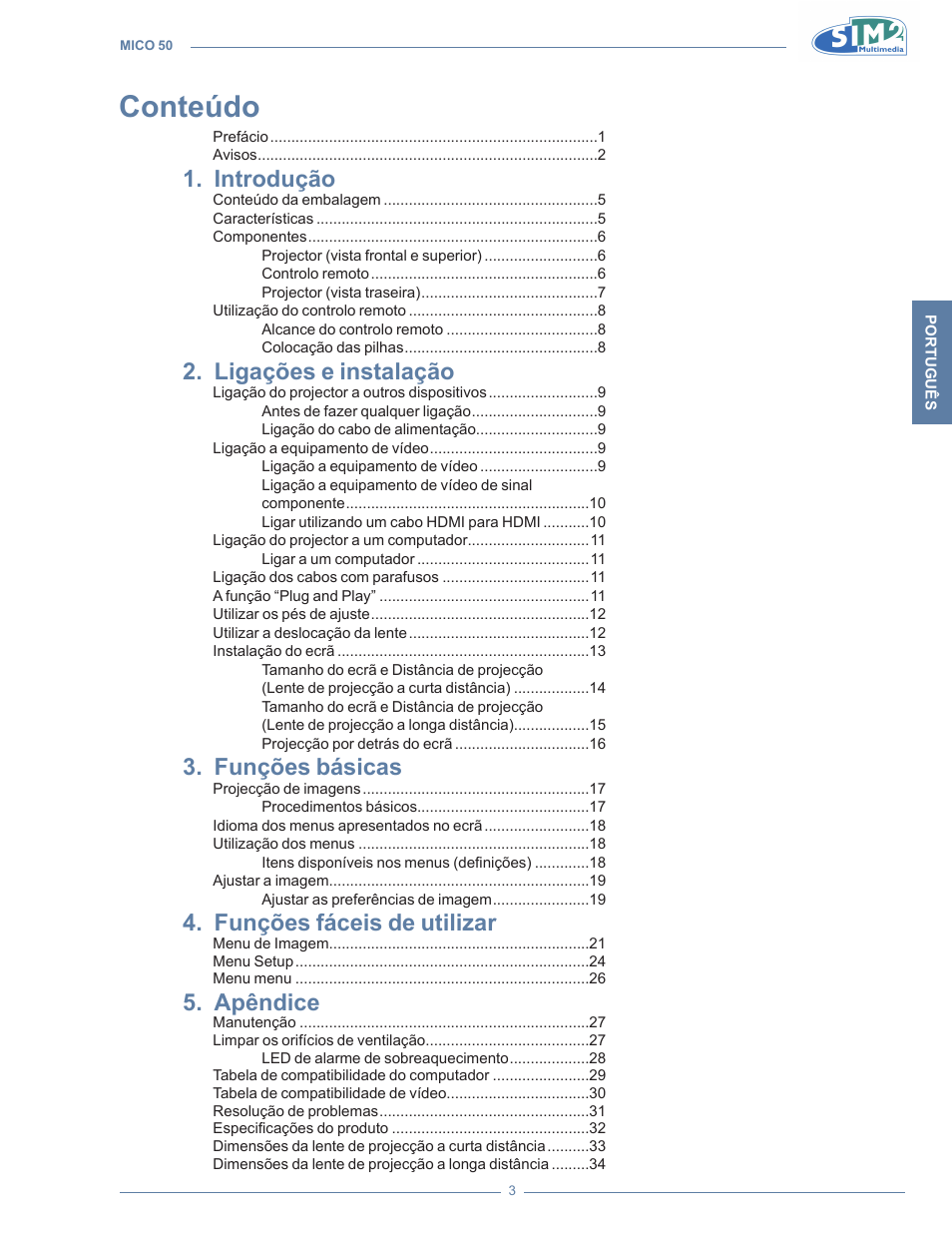 Conteúdo, Introduçã 1. o, Ligações e instalaçã 2. o | Funções básica 3. s, Funções fáceis de utiliza 4. r, Apêndic 5. e | Sim2 MICO 50 User Manual | Page 177 / 277