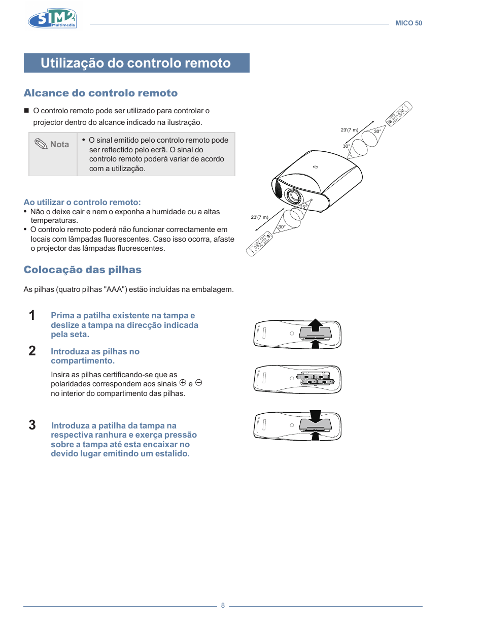 Utilização do controlo remoto, Alcance do controlo remoto, Colocação das pilhas | Sim2 MICO 50 User Manual | Page 182 / 277