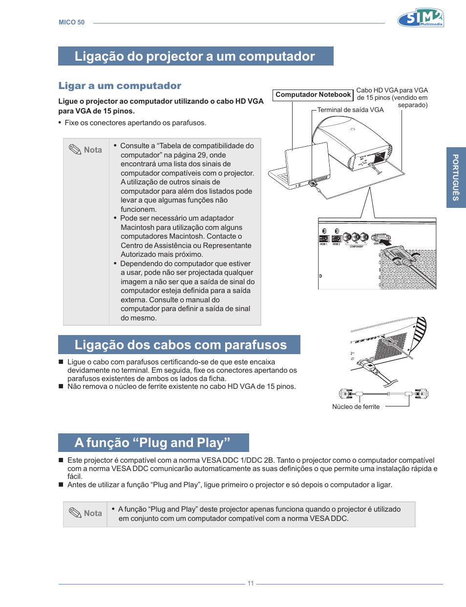 Ligação do projector a um computador, Ligar a um computador, Ligação dos cabos com parafusos | A função “plug and play | Sim2 MICO 50 User Manual | Page 185 / 277