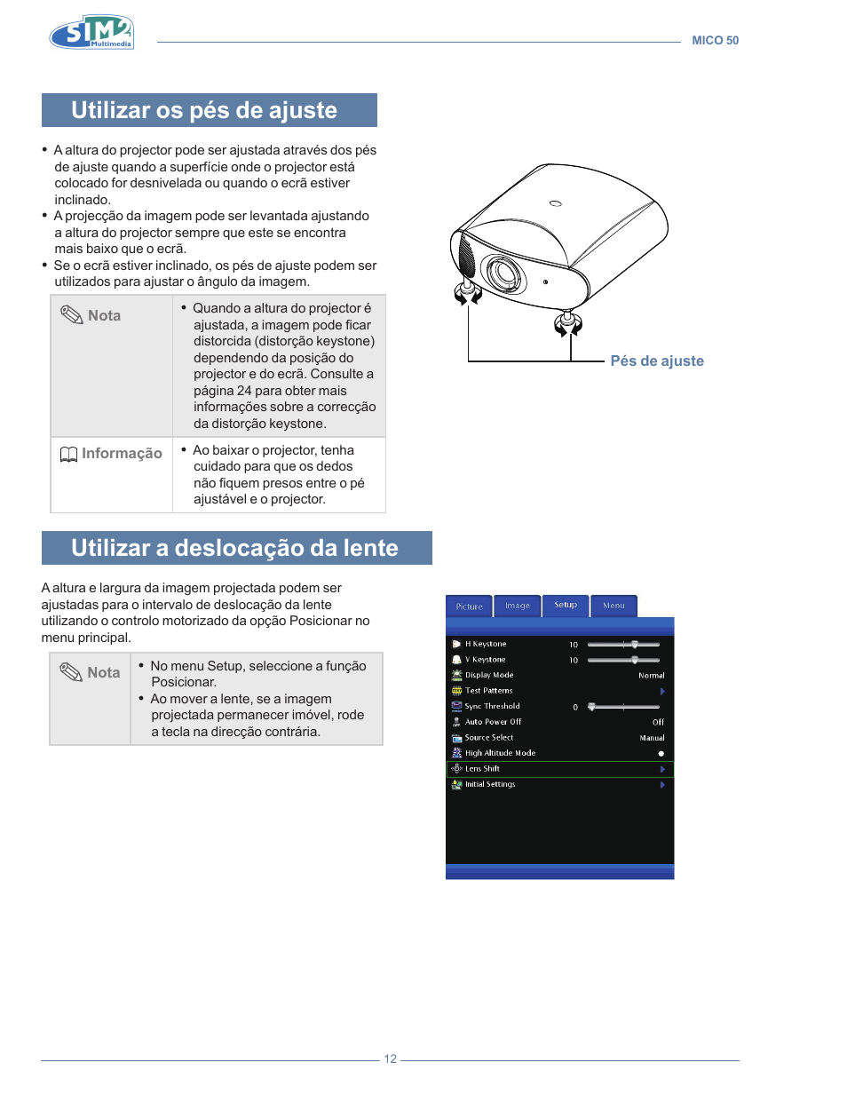 Utilizar os pés de ajuste, Utilizar a deslocação da lente | Sim2 MICO 50 User Manual | Page 186 / 277