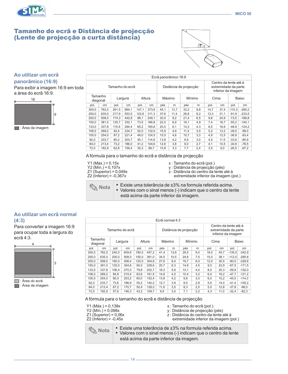 Tamanho do ecrã e distância de projecção, Lente de projecção a curta distância), Ao utilizar um ecrã panorâmico (16:9) | Ao utilizar um ecrã normal (4:3), Nota, Está acima da parte inferior da imagem | Sim2 MICO 50 User Manual | Page 188 / 277