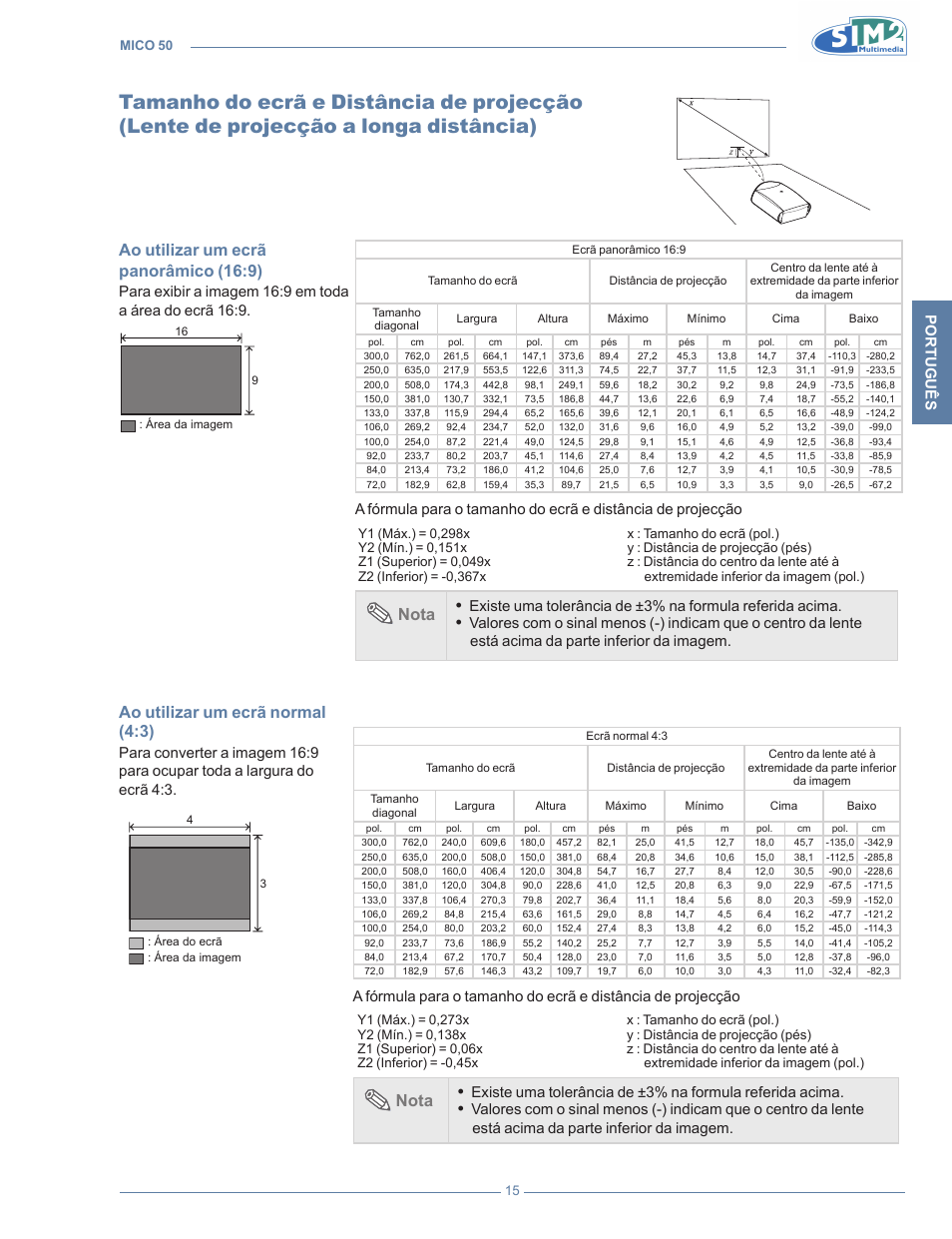 Tamanho do ecrã e distância de projecção, Lente de projecção a longa distância), Ao utilizar um ecrã panorâmico (16:9) | Ao utilizar um ecrã normal (4:3), Nota, Português, Está acima da parte inferior da imagem | Sim2 MICO 50 User Manual | Page 189 / 277