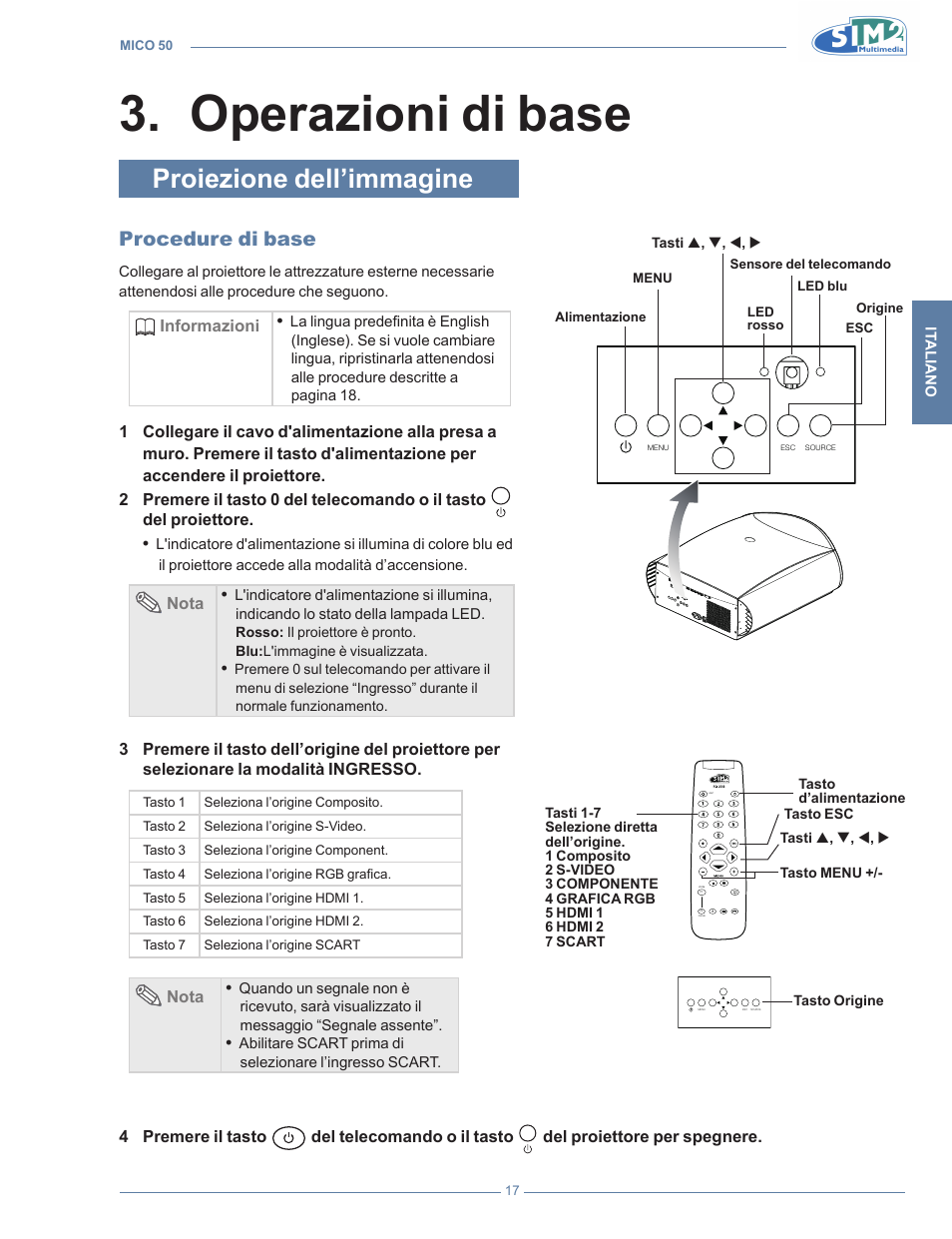 Operazioni di base, Proiezione dell’immagine, Procedure di base | Operazioni di bas, Operazioni di base 3 | Sim2 MICO 50 User Manual | Page 19 / 277