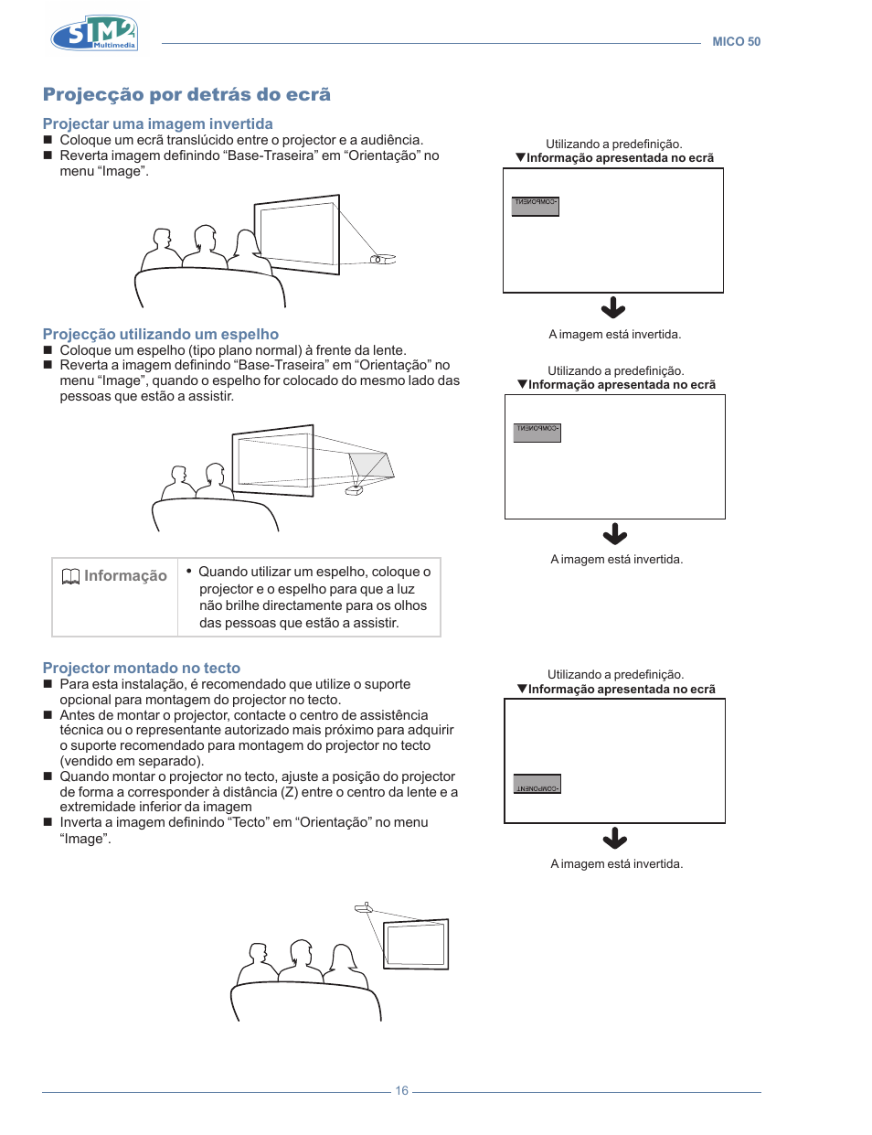 Projecção por detrás do ecrã | Sim2 MICO 50 User Manual | Page 190 / 277
