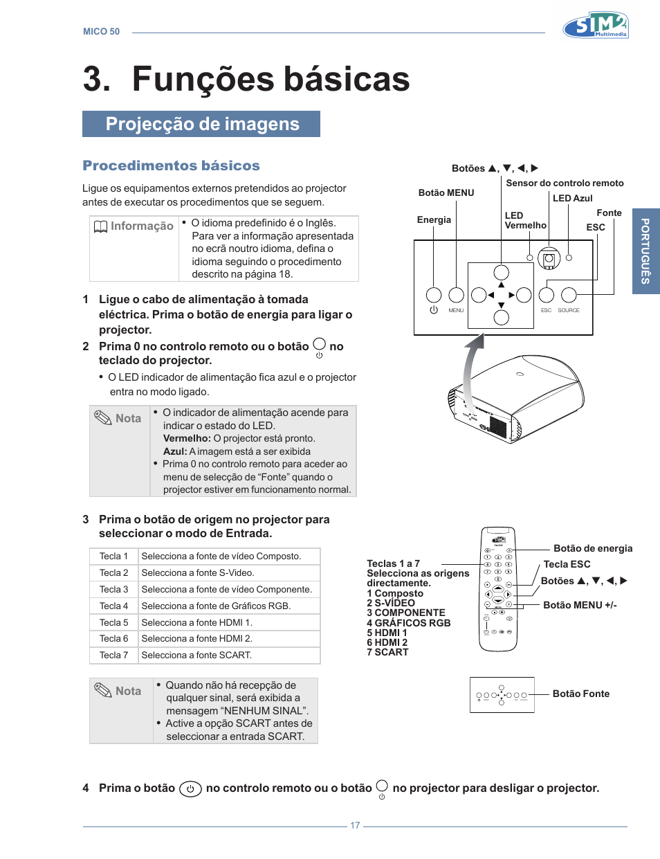 Funções básicas, Projecção de imagens, Procedimentos básicos | Funções básica, Funções básicas 3 | Sim2 MICO 50 User Manual | Page 191 / 277