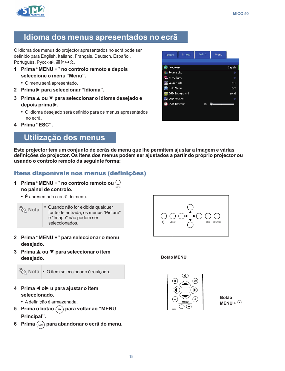 Idioma dos menus apresentados no ecrã, Utilização dos menus, Itens disponíveis nos menus (definições) | Sim2 MICO 50 User Manual | Page 192 / 277