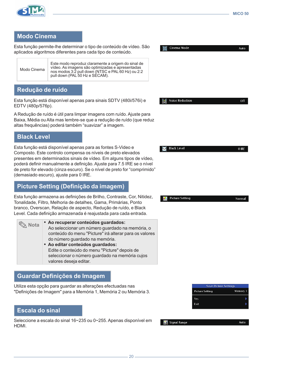 Modo cinema, Redução de ruído, Black level | Picture setting (definição da imagem), Guardar definições de imagem, Escala do sinal | Sim2 MICO 50 User Manual | Page 194 / 277