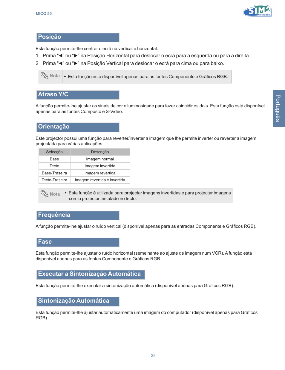 Português, Posição, Atraso y/c | Orientação, Frequência, Fase, Executar a sintonização automática, Sintonização automática | Sim2 MICO 50 User Manual | Page 197 / 277