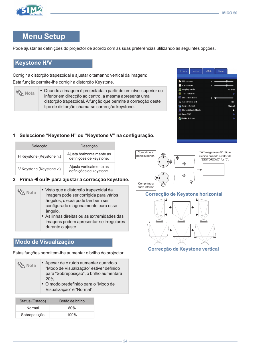 Menu setup, Keystone h/v, Modo de visualização | Sim2 MICO 50 User Manual | Page 198 / 277