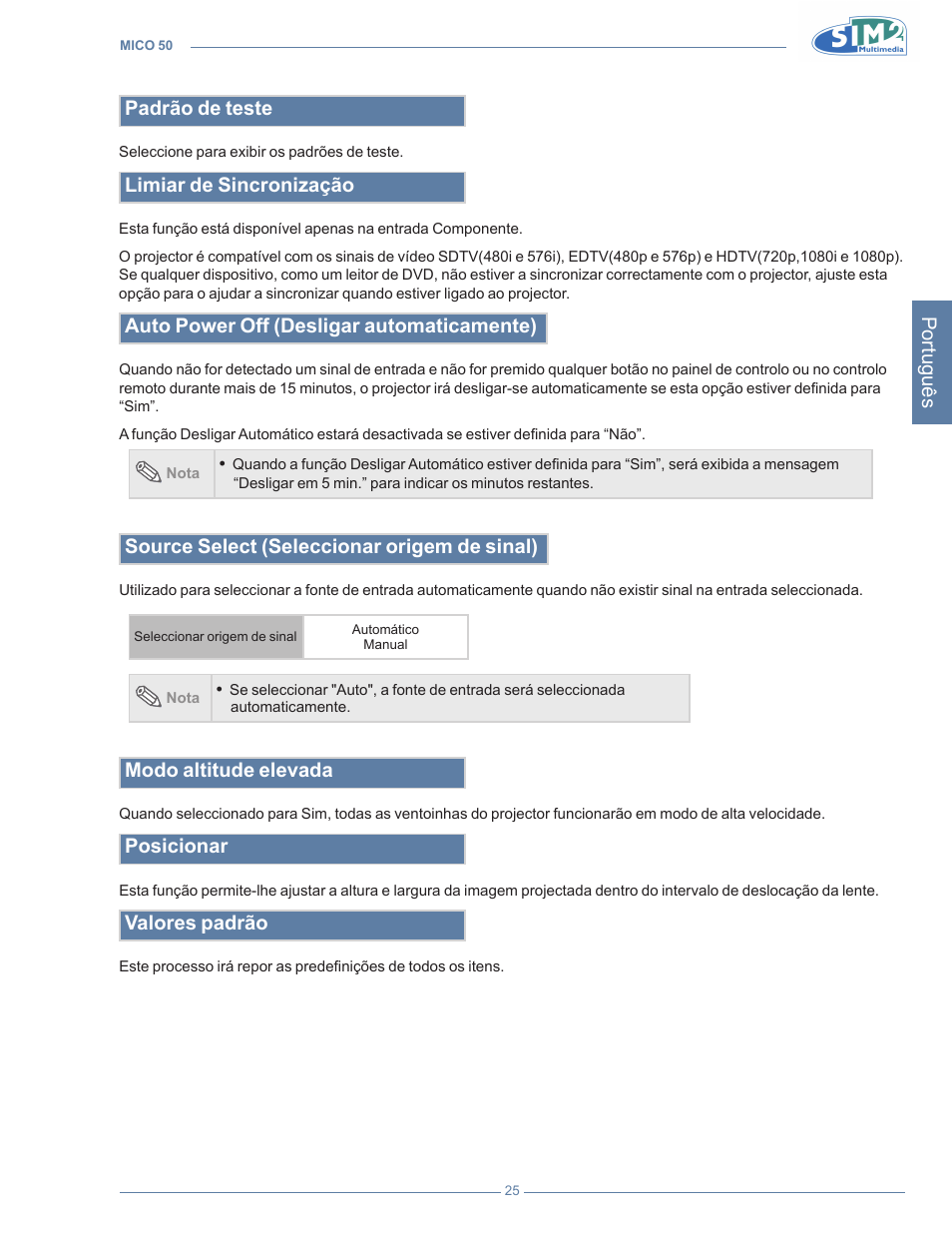 Português, Padrão de teste, Limiar de sincronização | Auto power off (desligar automaticamente), Source select (seleccionar origem de sinal), Modo altitude elevada, Posicionar, Valores padrão | Sim2 MICO 50 User Manual | Page 199 / 277