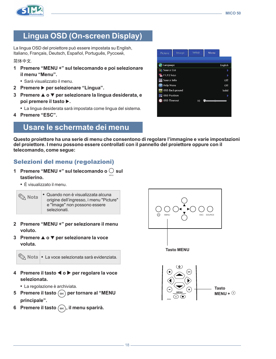 Lingua osd (on-screen display), Usare le schermate dei menu, Selezioni del menu (regolazioni) | Sim2 MICO 50 User Manual | Page 20 / 277