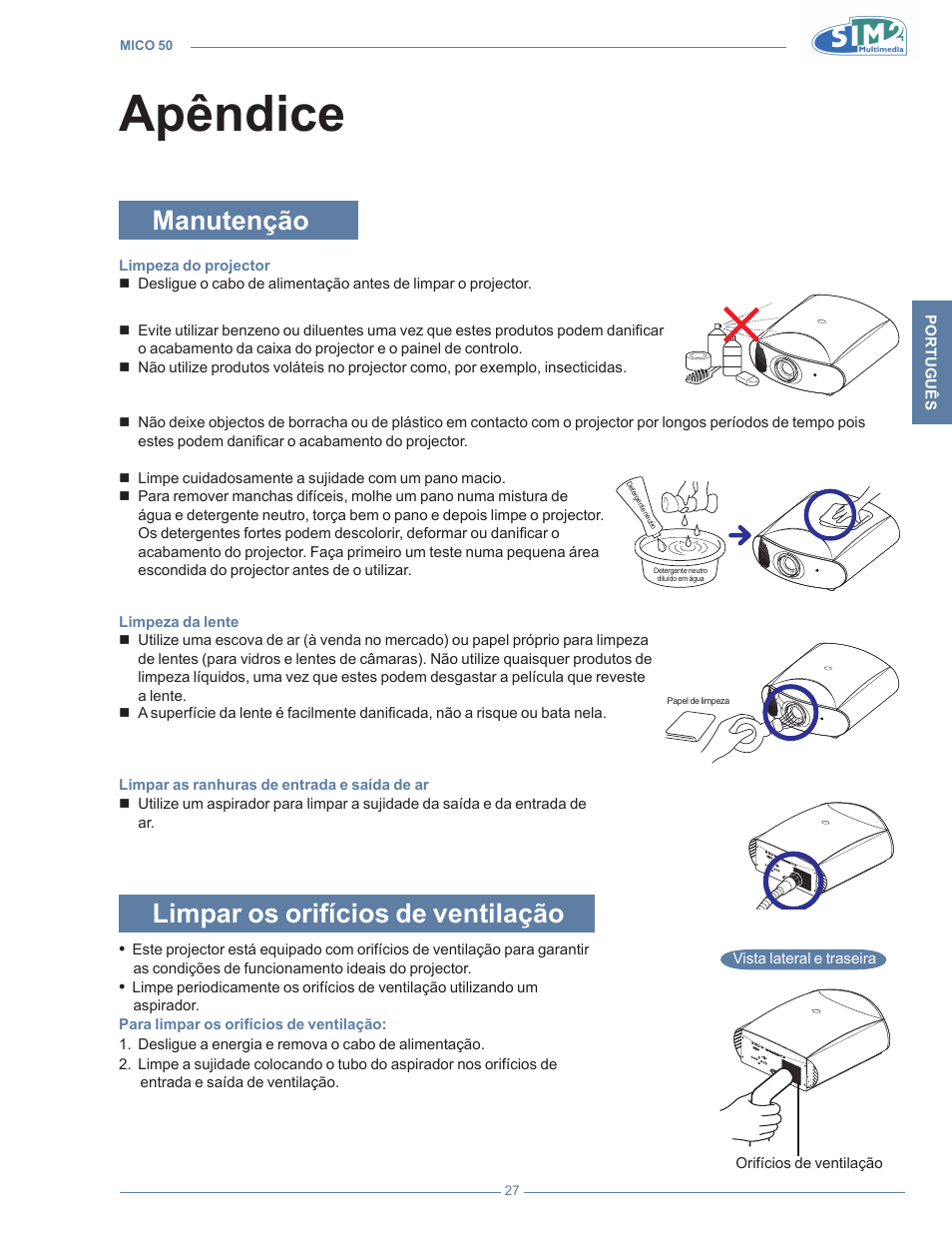 Apêndice, Manutenção, Limpar os orifícios de ventilação | Apêndic | Sim2 MICO 50 User Manual | Page 201 / 277
