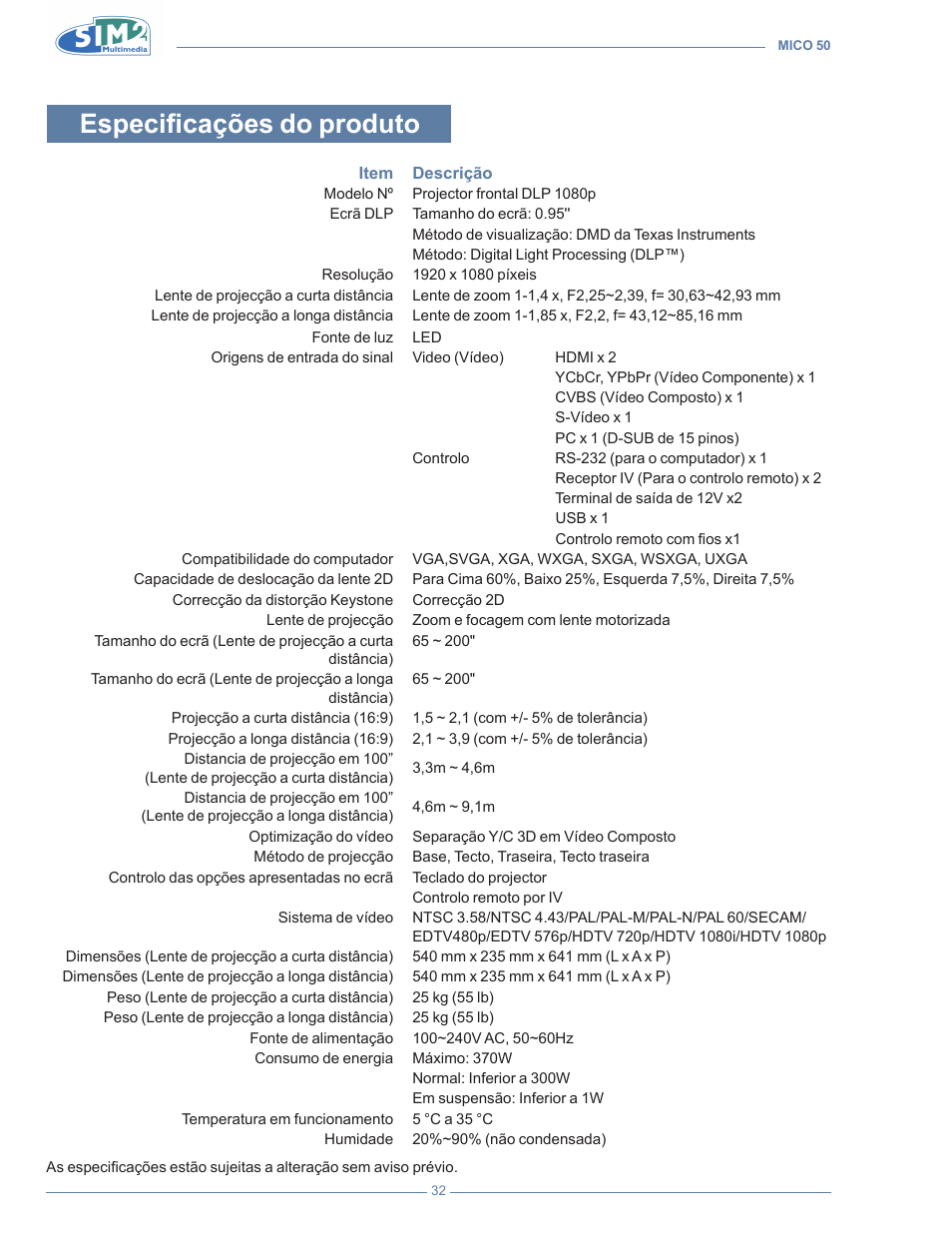 Especificações do produto | Sim2 MICO 50 User Manual | Page 206 / 277
