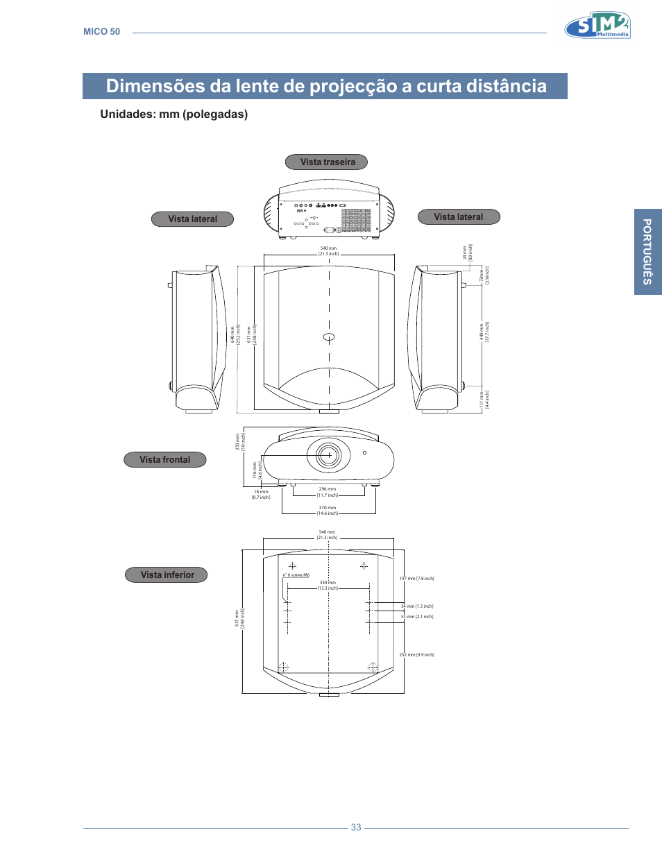 Dimensões da lente de projecção a curta distância, Unidades: mm (polegadas), Português | Mico 50 33 | Sim2 MICO 50 User Manual | Page 207 / 277