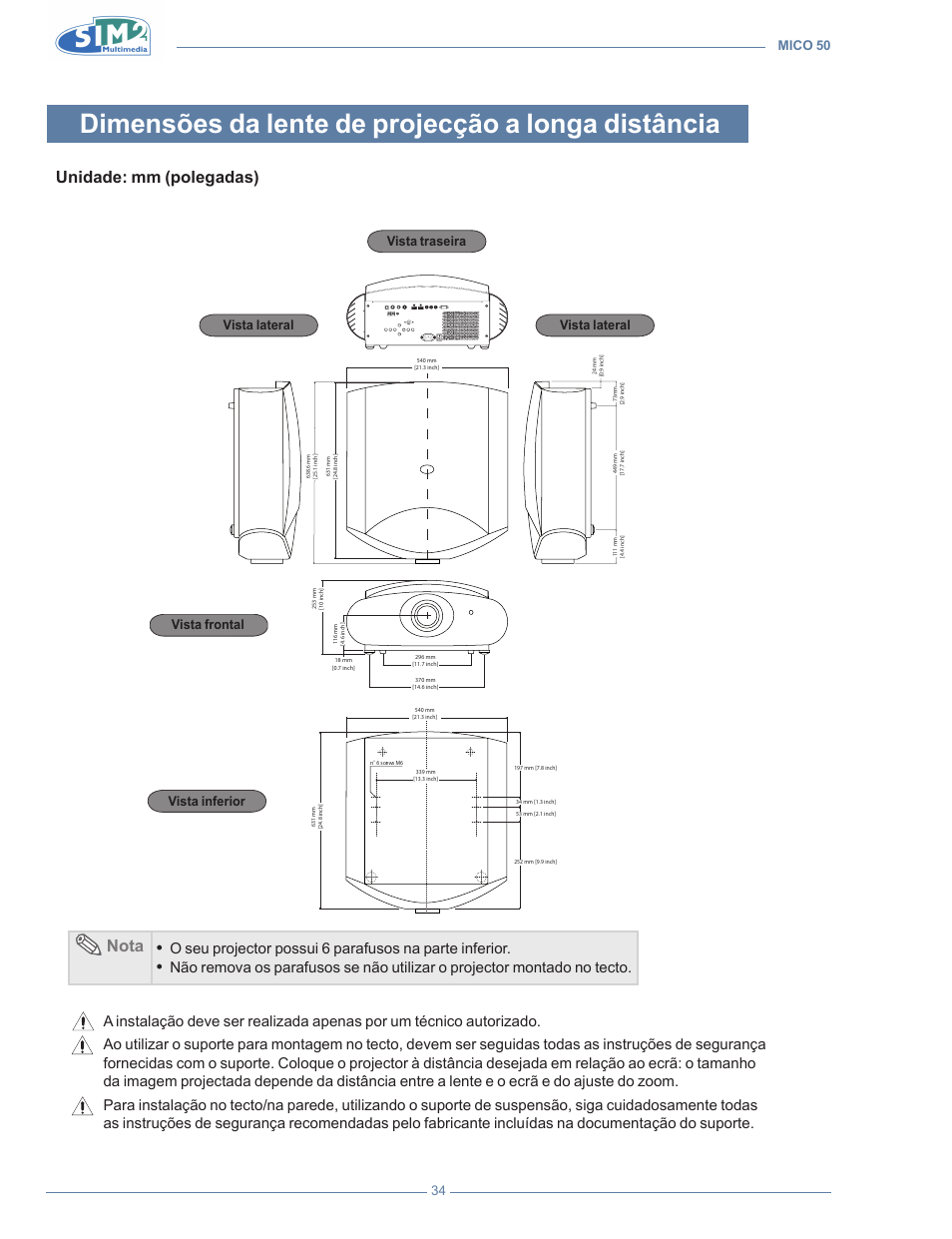 Dimensões da lente de projecção a longa distância, Unidade: mm (polegadas), Nota | Mico 50 34 | Sim2 MICO 50 User Manual | Page 208 / 277