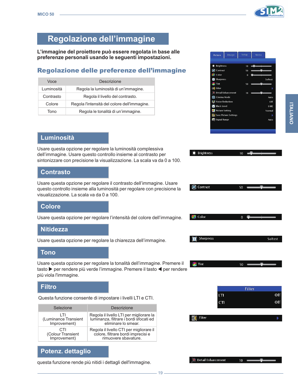 Regolazione dell’immagine, Regolazione delle preferenze dell’immagine, Luminosità | Contrasto, Colore, Nitidezza, Tono, Filtro, Potenz. dettaglio | Sim2 MICO 50 User Manual | Page 21 / 277
