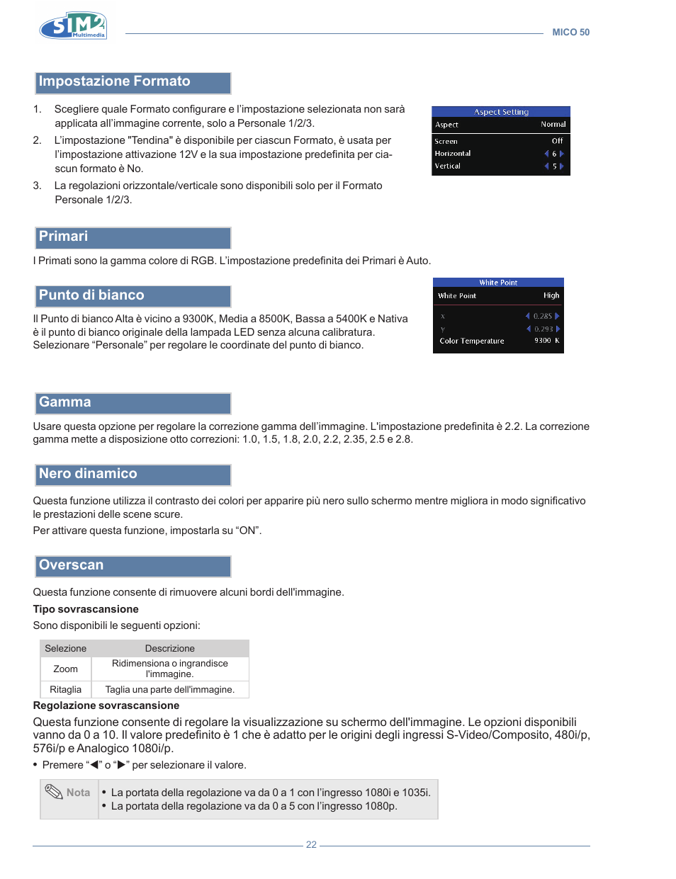 Impostazione formato, Primari, Punto di bianco | Gamma, Nero dinamico, Overscan | Sim2 MICO 50 User Manual | Page 24 / 277