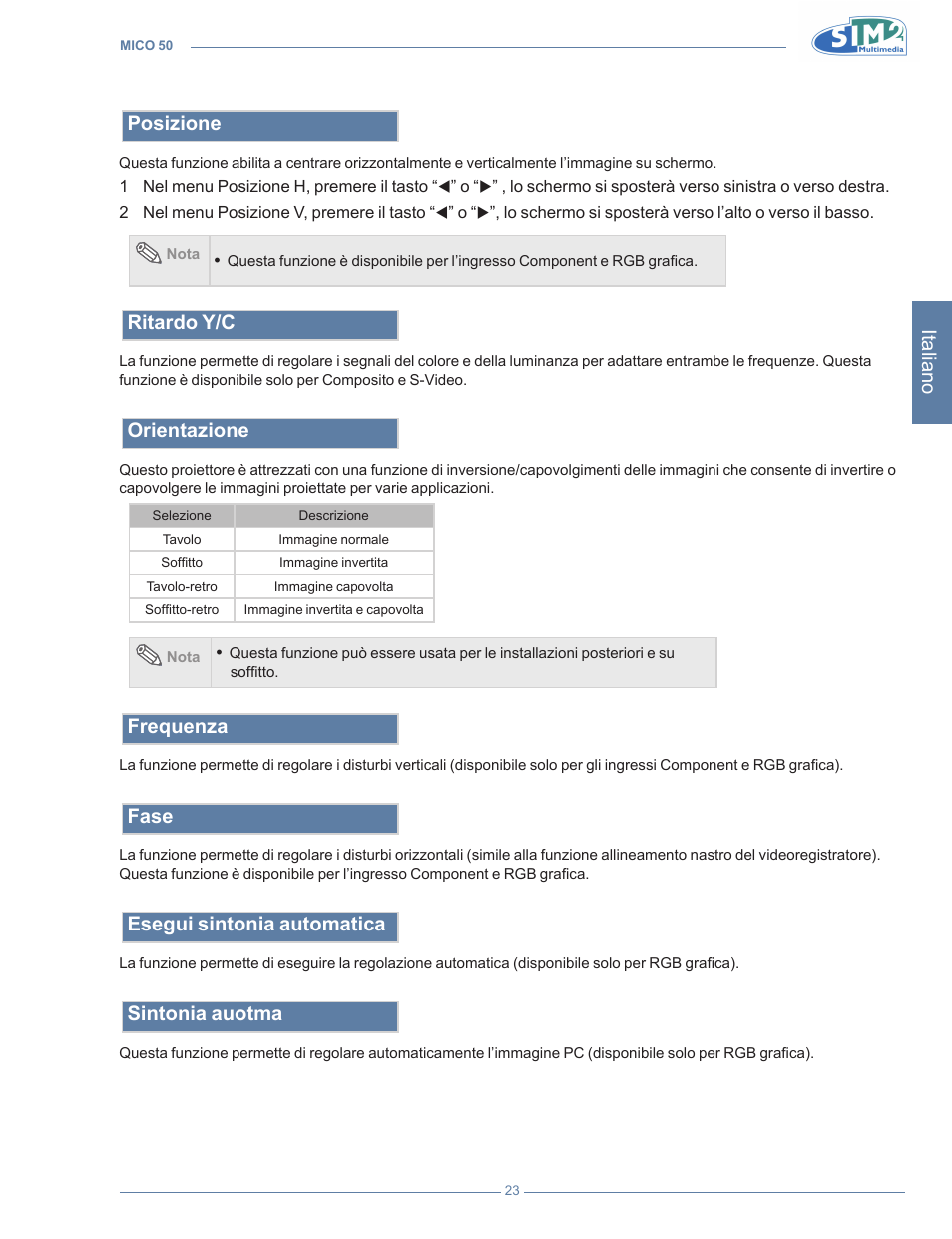 Italiano, Posizione, Ritardo y/c | Orientazione, Frequenza, Fase, Esegui sintonia automatica, Sintonia auotma | Sim2 MICO 50 User Manual | Page 25 / 277