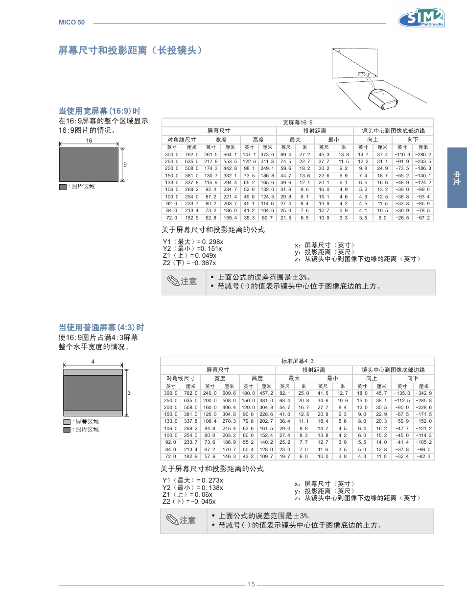 屏幕尺寸和投影距离（长投镜头, 当使用宽屏幕( 16:9 )时, 当使用普通屏幕( 4:3 )时 | 关于屏幕尺寸和投影距离的公式, 上面公式的误差范围是, 3%。 带减号(-)的值表示镜头中心位于, 图像底边的上方 | Sim2 MICO 50 User Manual | Page 257 / 277