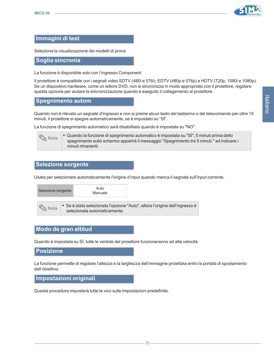 Italiano, Immagini di test, Soglia sincronia | Spegnimento autom, Selezione sorgente, Modo de gran altitud, Posizione, Impostazioni originali | Sim2 MICO 50 User Manual | Page 27 / 277