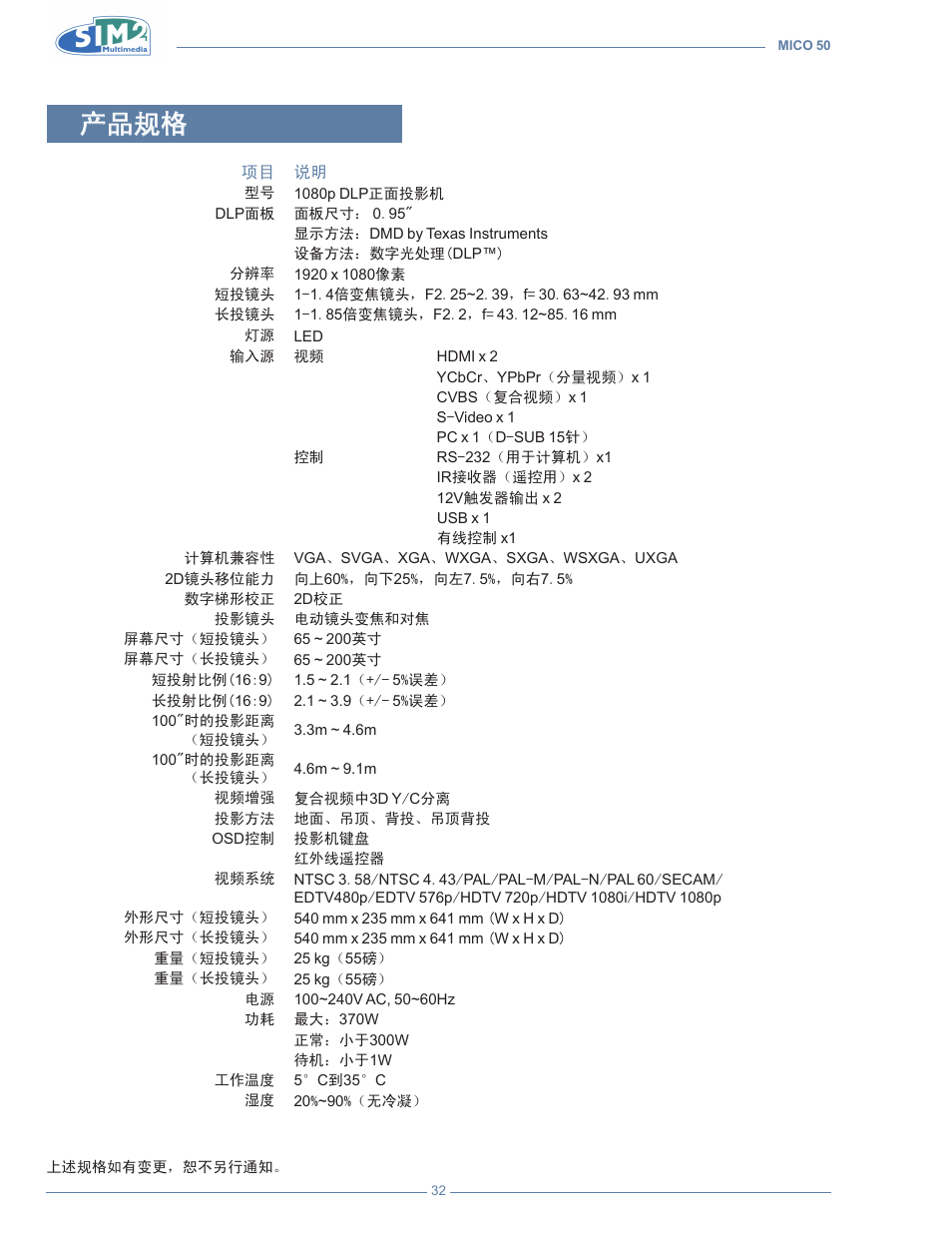 产品规格 | Sim2 MICO 50 User Manual | Page 274 / 277