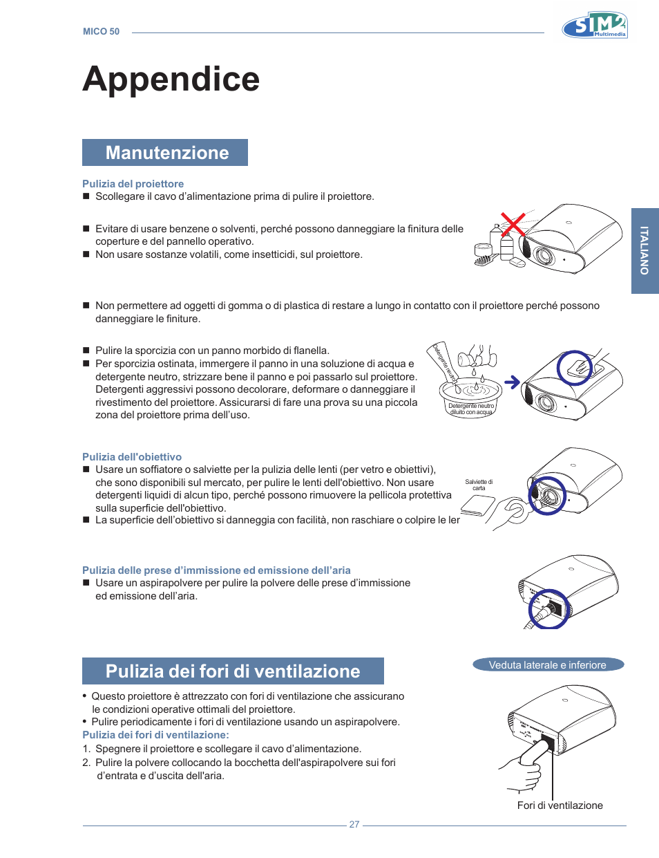 Appendice, Manutenzione, Pulizia dei fori di ventilazione | Appendic | Sim2 MICO 50 User Manual | Page 29 / 277