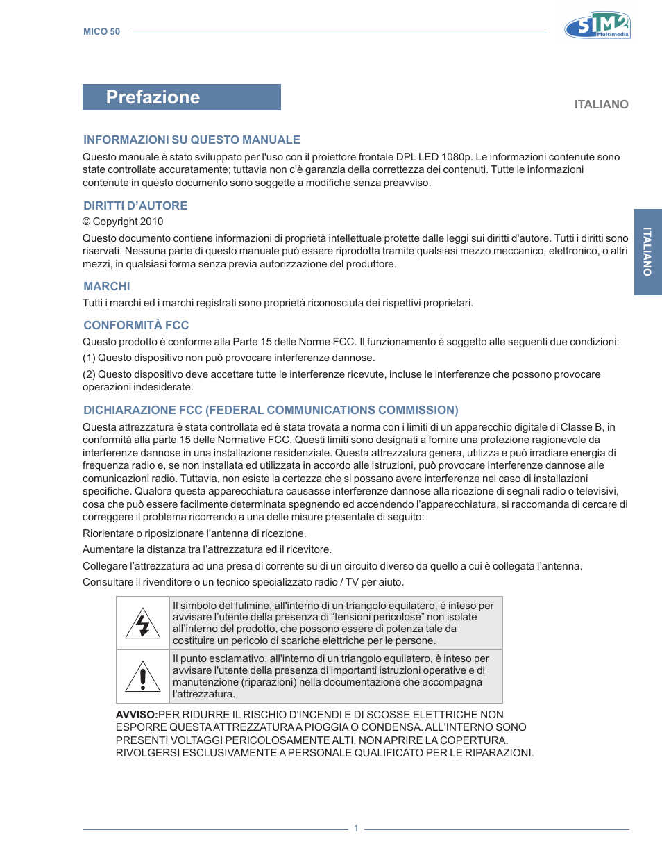 Prefazione | Sim2 MICO 50 User Manual | Page 3 / 277