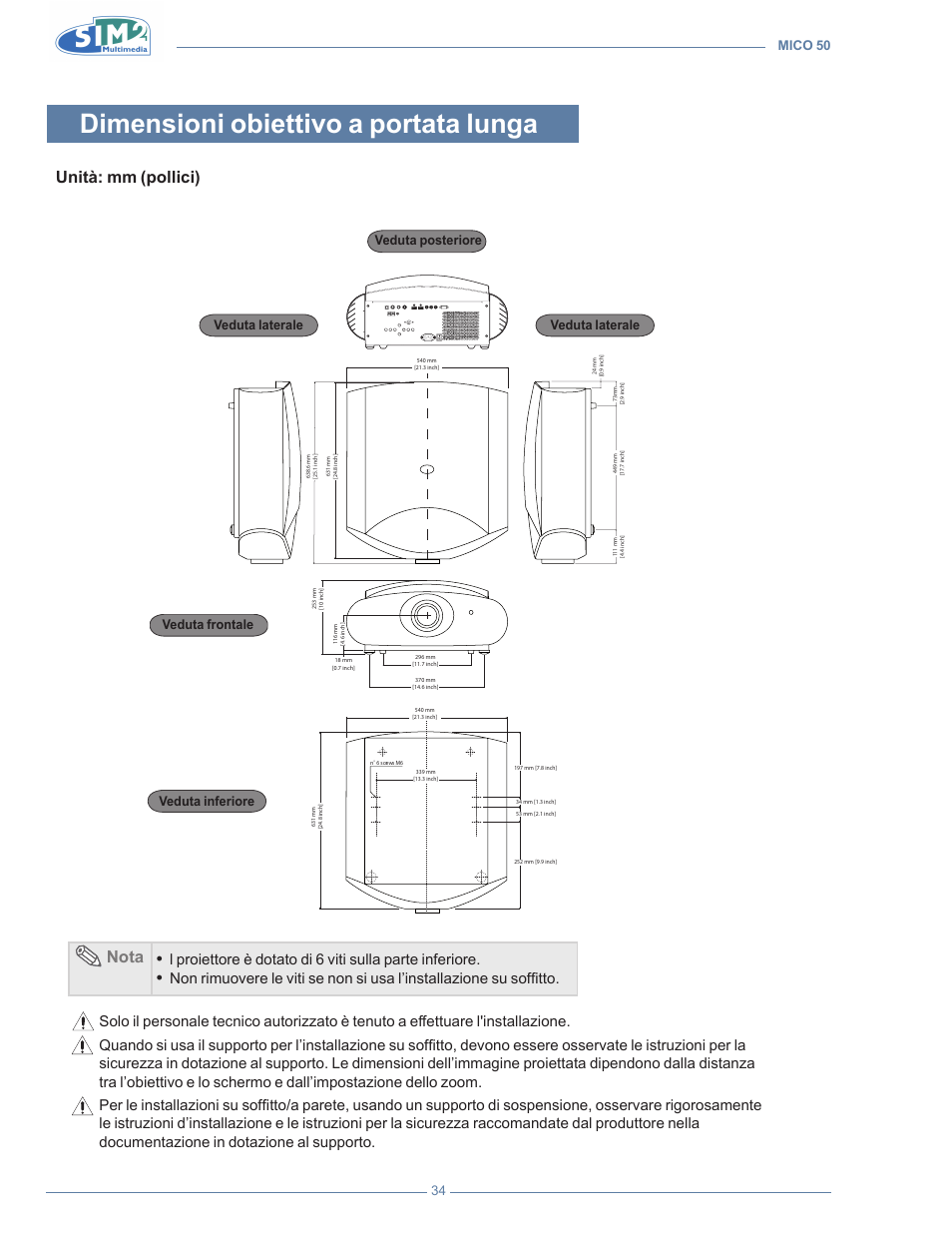 Dimensioni obiettivo a portata lunga, Nota, Unità: mm (pollici) | Mico 50 34 | Sim2 MICO 50 User Manual | Page 36 / 277