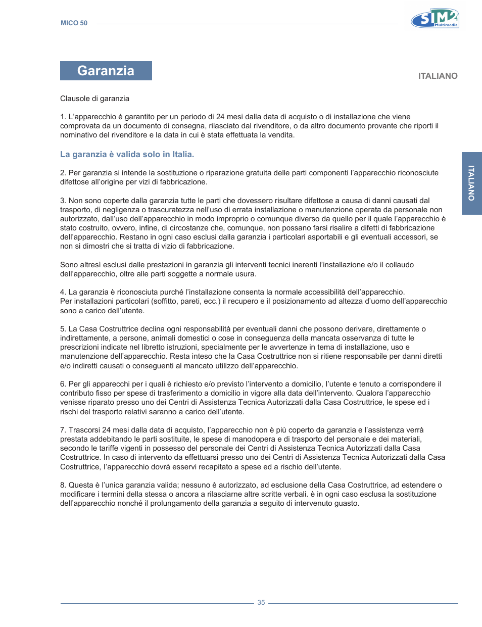 Garanzia | Sim2 MICO 50 User Manual | Page 37 / 277