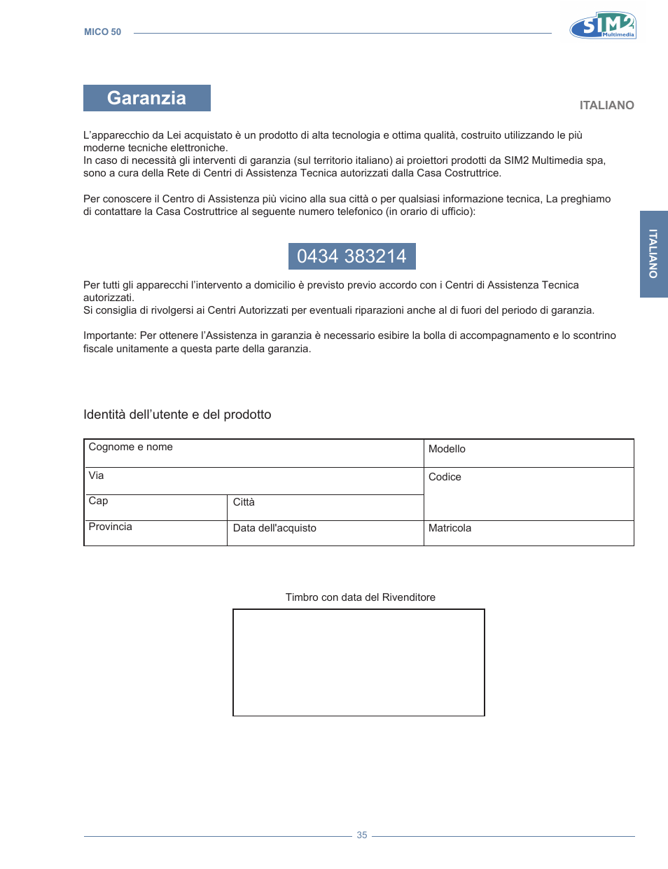 Garanzia | Sim2 MICO 50 User Manual | Page 38 / 277