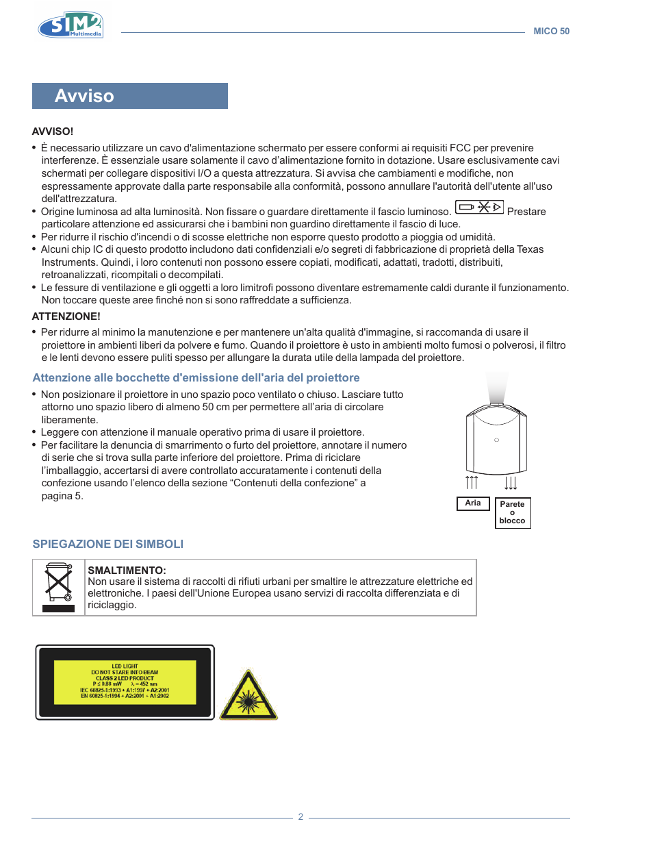 Avviso | Sim2 MICO 50 User Manual | Page 4 / 277