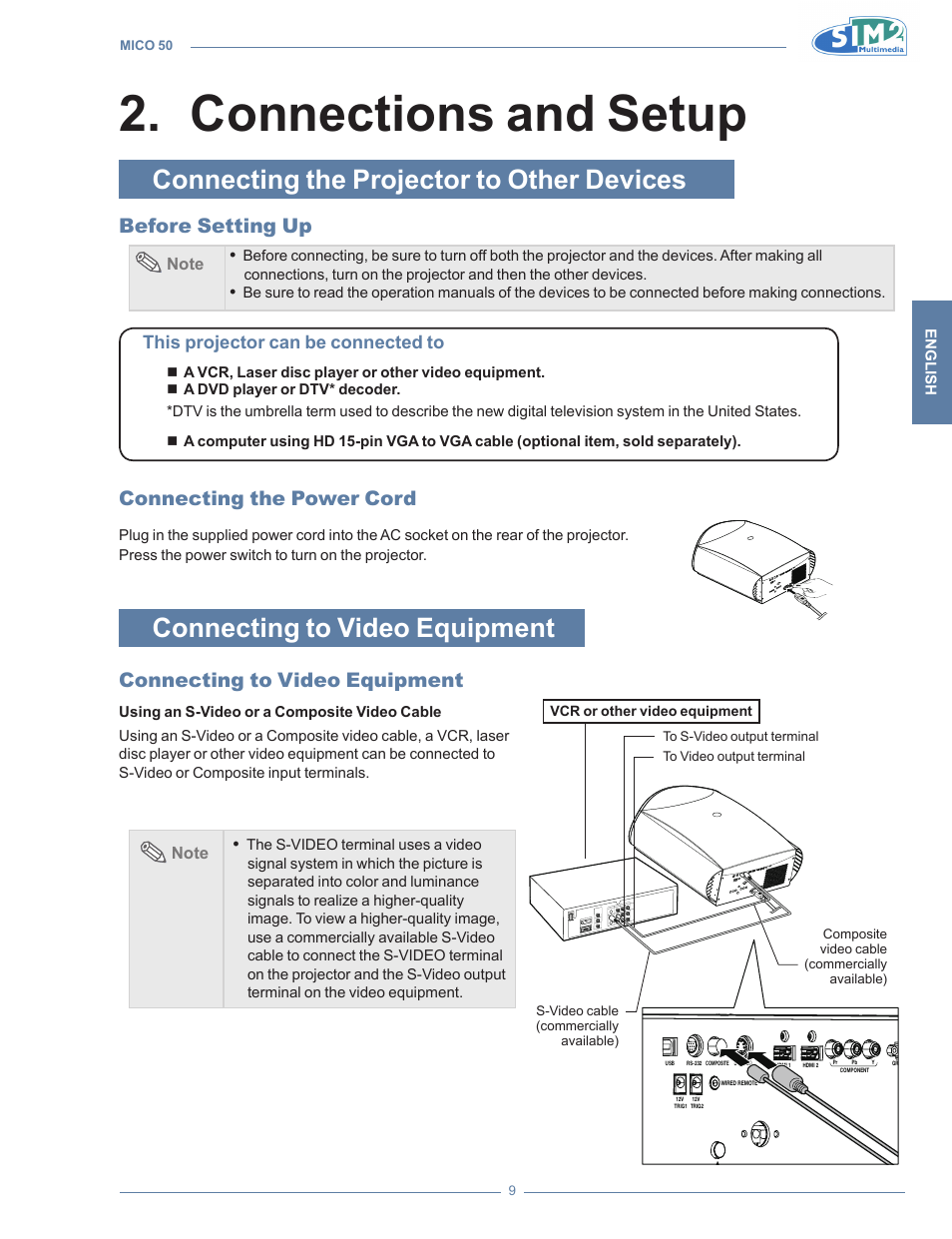 Connections and setu, Connecting the projector to other devices, Before setting up | Connecting the power cord, Connecting to video equipment, Connections and setup 2, This projector can be connected to | Sim2 MICO 50 User Manual | Page 47 / 277