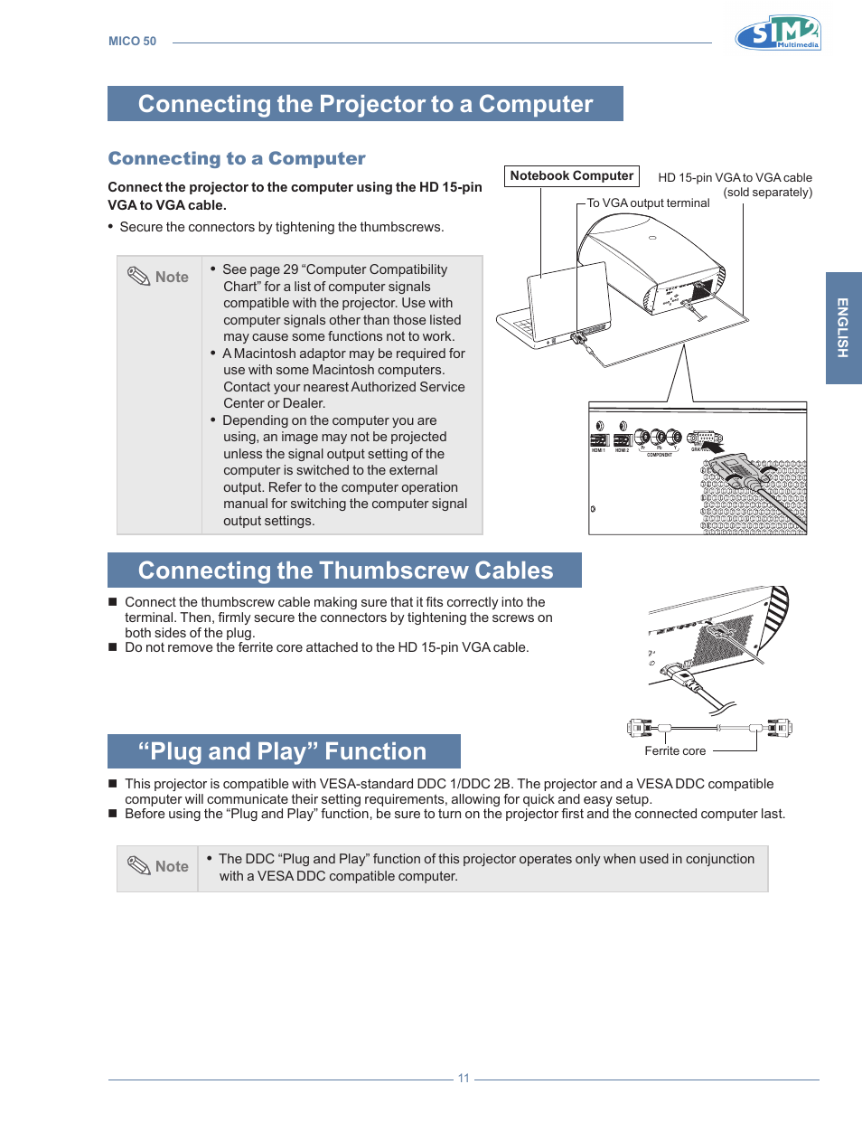 Connecting the projector to a computer, Connecting to a computer, Connecting the thumbscrew cables | Plug and play” function | Sim2 MICO 50 User Manual | Page 49 / 277