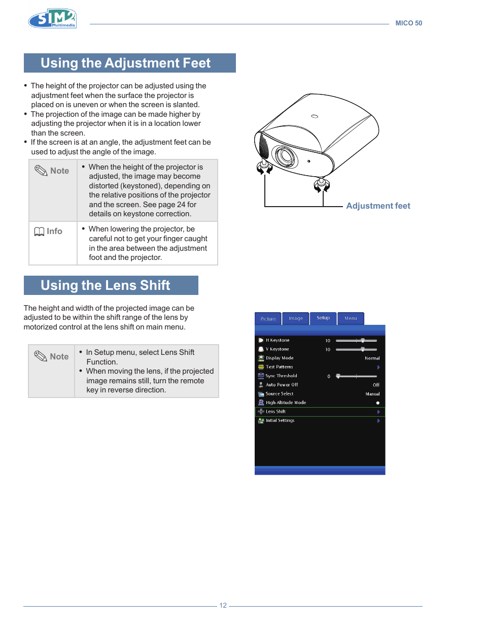 Using the adjustment feet, Using the lens shift, Setting up the screen | Sim2 MICO 50 User Manual | Page 50 / 277