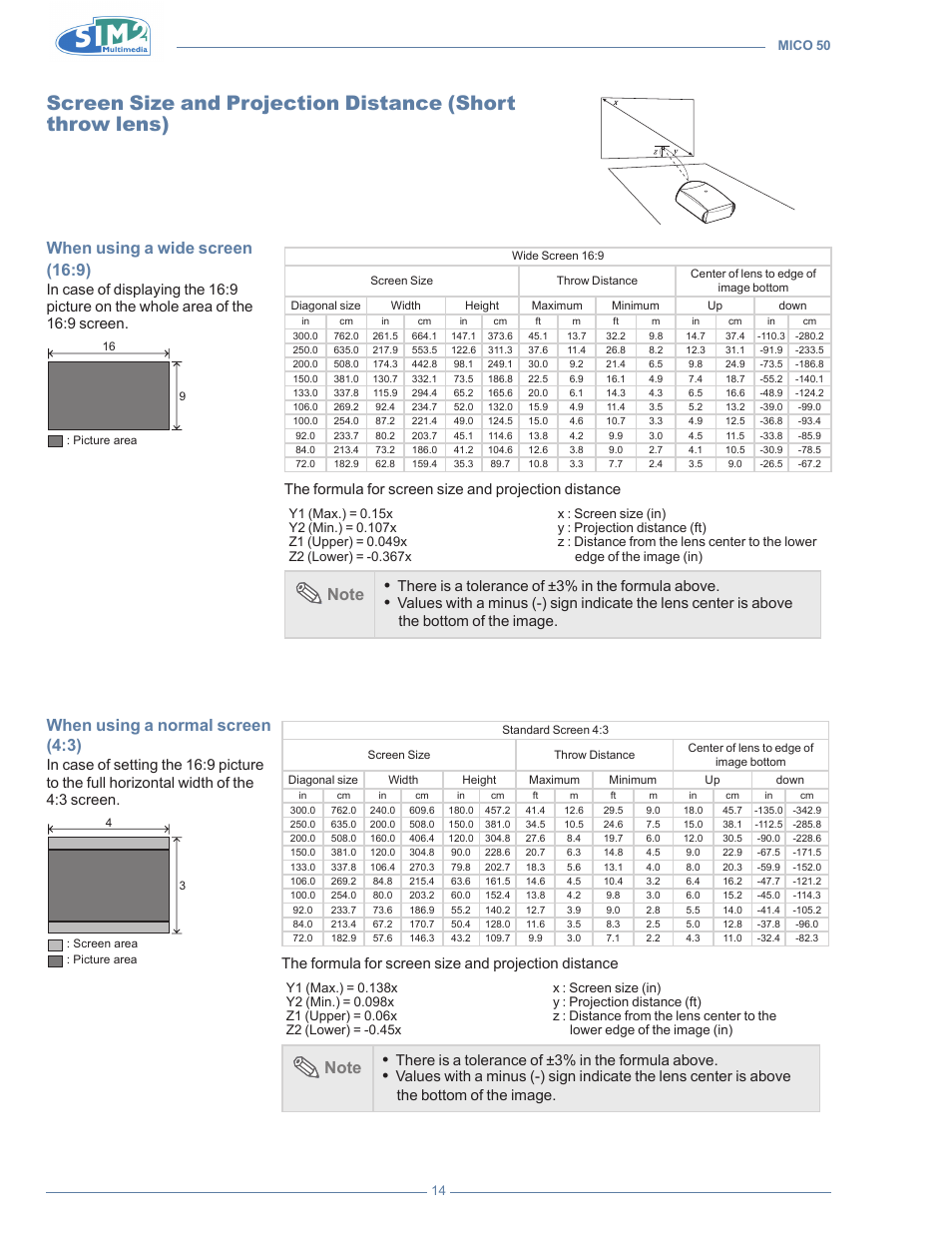 Screen size and projection distance, Short throw lens), When using a wide screen (16:9) | When using a normal screen (4:3), There is a tolerance of ±3% in the formula above, The bottom of the image | Sim2 MICO 50 User Manual | Page 52 / 277