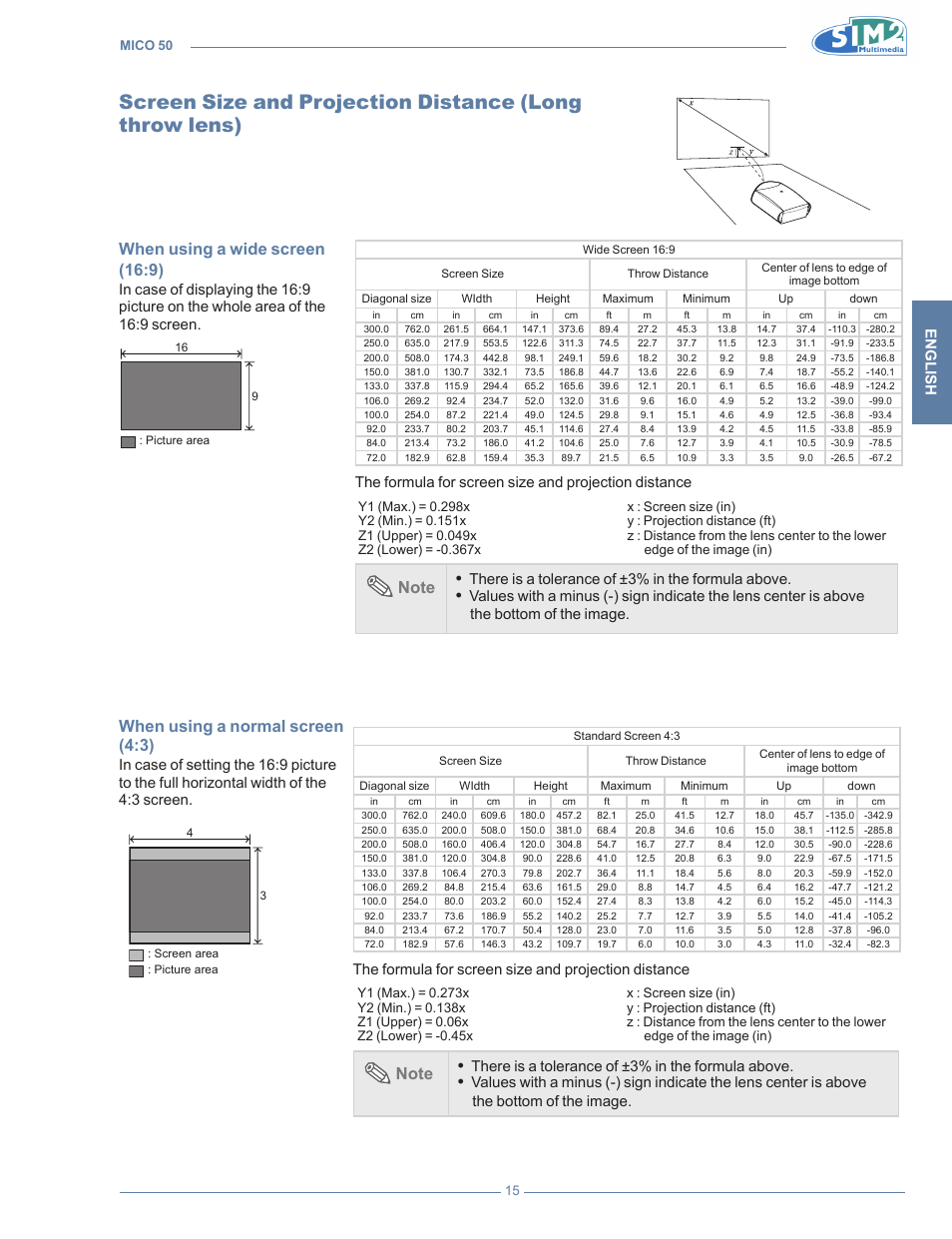 Screen size and projection distance, Long throw lens), When using a wide screen (16:9) | When using a normal screen (4:3), English, There is a tolerance of ±3% in the formula above, The bottom of the image | Sim2 MICO 50 User Manual | Page 53 / 277