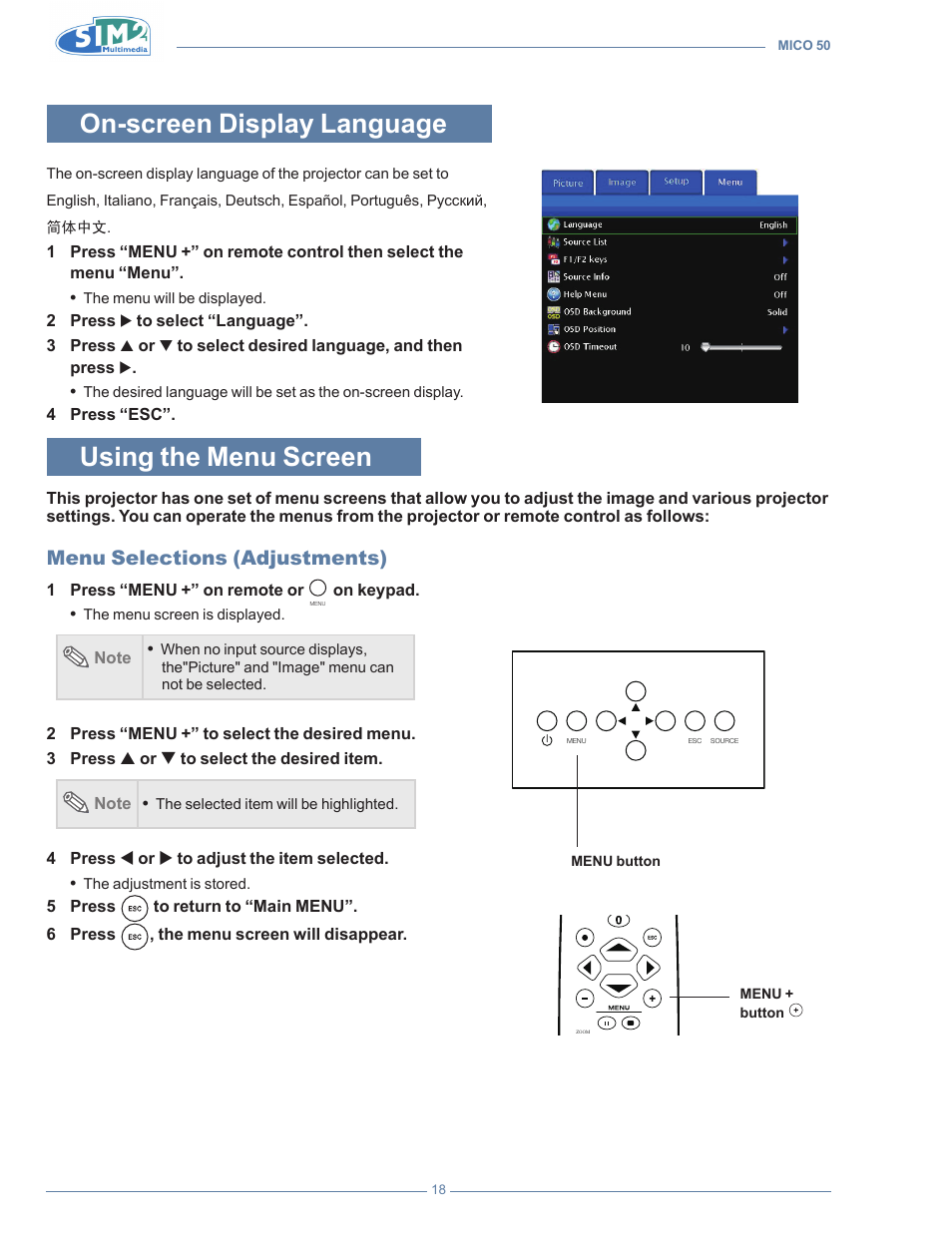 On-screen display language, Using the menu screen, Menu selections (adjustments) | Sim2 MICO 50 User Manual | Page 56 / 277