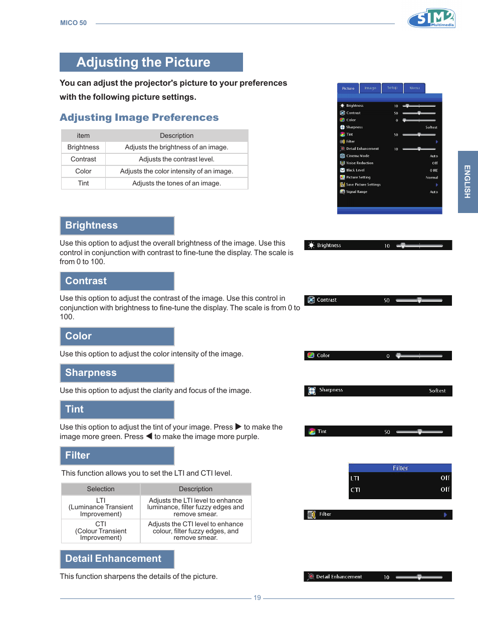 Adjusting the picture, Adjusting image preferences, Brightness | Contrast, Color, Sharpness, Tint, Filter, Detail enhancement | Sim2 MICO 50 User Manual | Page 57 / 277