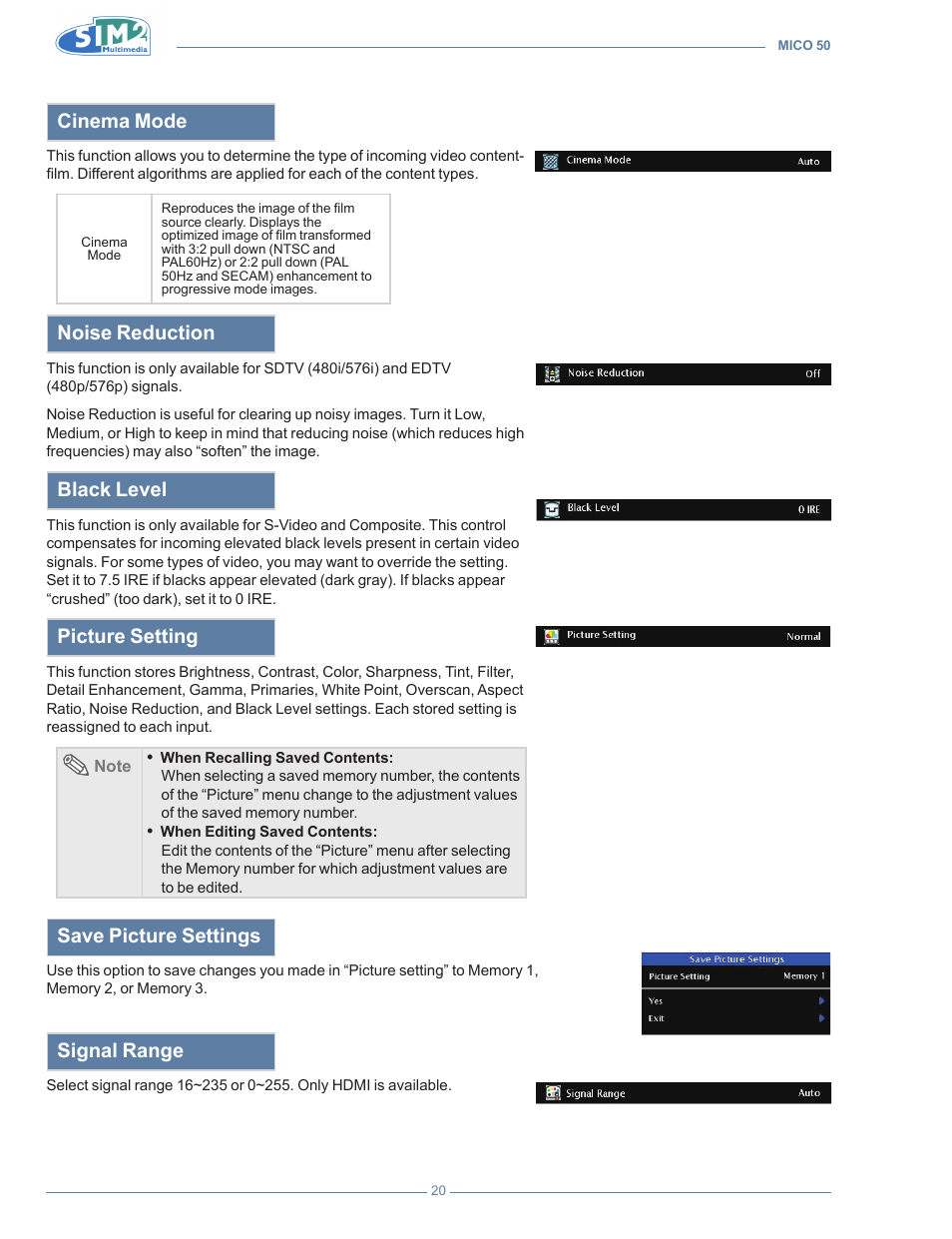 Cinema mode, Noise reduction, Black level | Picture setting, Save picture settings, Signal range | Sim2 MICO 50 User Manual | Page 58 / 277