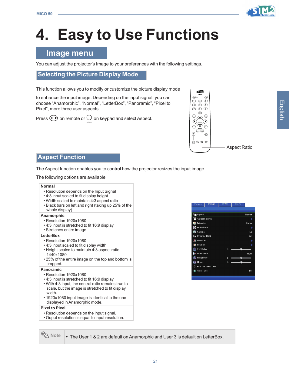 Easy to use function, Image menu, Easy to use functions 4 | English, Selecting the picture display mode, Aspect function | Sim2 MICO 50 User Manual | Page 59 / 277